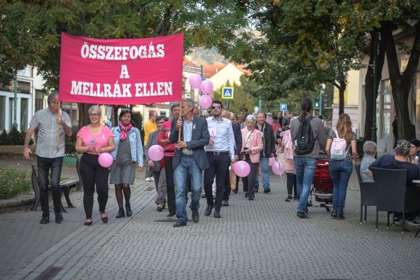 A fotón a figyelemfelkeltő sétán résztvevők láthatók, elől az Összefogás a mellrák ellen feliratot tartó két férfi, utánuk pedig a nagyszámú résztvevő.