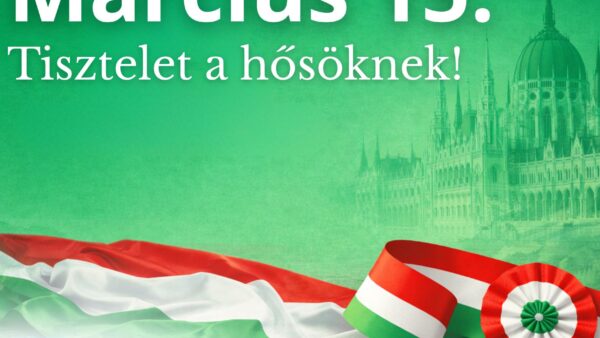 A képen egy március 15-i ünnepi grafika látható. Zöld árnyalatú háttér előtt nagy fehér betűkkel a „Március 15. Tisztelet a hősöknek!” felirat jelenik meg. A kép alsó részén a magyar nemzeti színű zászló és egy kokárda látható, a háttér jobb oldalán pedig az Országház halvány sziluettje rajzolódik ki. A bal alsó sarokban a Gyöngyösi Bugát Pál Kórház logója szerepel.
