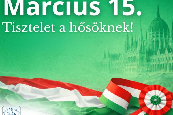 A képen egy március 15-i ünnepi grafika látható. Zöld árnyalatú háttér előtt nagy fehér betűkkel a „Március 15. Tisztelet a hősöknek!” felirat jelenik meg. A kép alsó részén a magyar nemzeti színű zászló és egy kokárda látható, a háttér jobb oldalán pedig az Országház halvány sziluettje rajzolódik ki. A bal alsó sarokban a Gyöngyösi Bugát Pál Kórház logója szerepel.