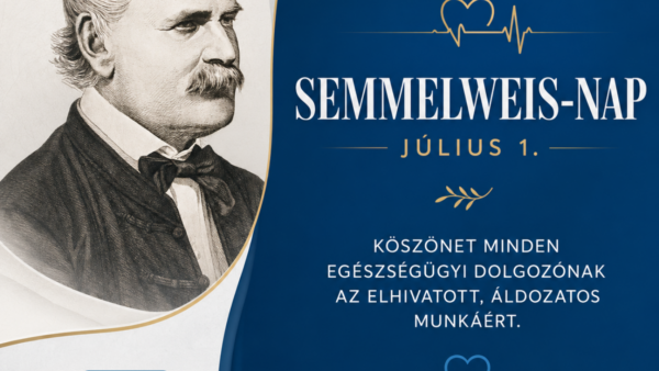 A képen Semmelweis Ignác portréja látható elegáns, kék-arany színvilágú grafikai környezetben. A kép a Semmelweis-nap, július 1-je alkalmából fejezi ki a Gyöngyösi Bugát Pál Kórház köszönetét minden egészségügyi dolgozó elhivatott és áldozatos munkájáért.