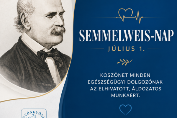 A képen Semmelweis Ignác portréja látható elegáns, kék-arany színvilágú grafikai környezetben. A kép a Semmelweis-nap, július 1-je alkalmából fejezi ki a Gyöngyösi Bugát Pál Kórház köszönetét minden egészségügyi dolgozó elhivatott és áldozatos munkájáért.