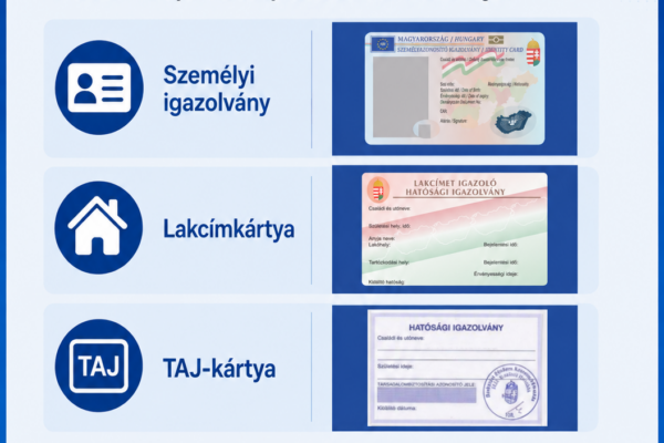 Kék-fehér színvilágú beteg­tájékoztató plakát a Gyöngyösi Bugát Pál Kórház logójával. A plakát 2026. szeptember 1-től a szakrendelésre történő bejelentkezéshez szükséges érvényes okmányokat mutatja be. Három különálló, világoskék mezőben a személyi igazolvány, a lakcímkártya és a TAJ-kártya megnevezése, ikonja és képe látható. Az alsó, kiemelt mező arra hívja fel a figyelmet, hogy az okmányokat még a sorra kerülés előtt készítsék elő, mert azok bemutatása nélkül a szakrendelésre történő bejelentkezés nem végezhető el. A plakát világos alapon, sötétkék feliratokkal és kék íves grafikai elemekkel készült.