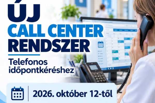 Kék-fehér színvilágú tájékoztató plakát a Gyöngyösi Bugát Pál Kórház új call center rendszerének indulásáról. A kép jobb oldalán egy fehér ruhás nő telefonál, előtte számítógép látható, amelynek képernyőjén időpontfoglalási naptár jelenik meg. A bal oldalon nagy, kék betűkkel az „Új call center rendszer” felirat, alatta a „Telefonos időpontkéréshez” szöveg olvasható. A plakát alsó részén, világoskék mezőben a bevezetés dátuma szerepel: 2026. október 12-től.